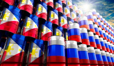 Rusya ve Filipinler 'in bayraklı petrol varilleri - 3D illüstrasyon
