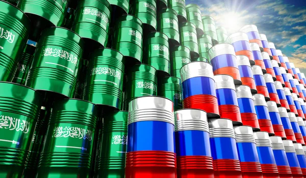 Нефтяные Бочки Флагами России Саудовской Аравии Иллюстрация — стоковое фото