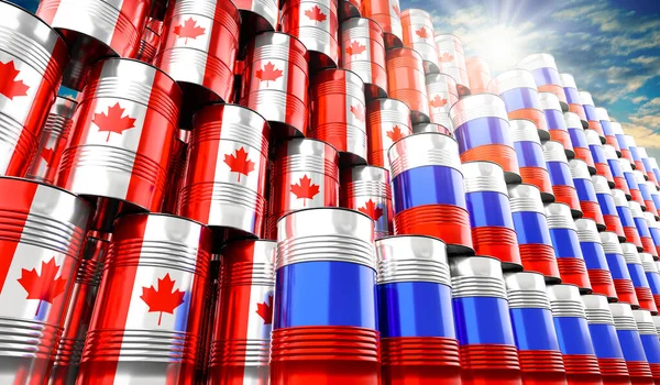 Barriles Petróleo Con Banderas Rusia Canadá Ilustración — Foto de Stock