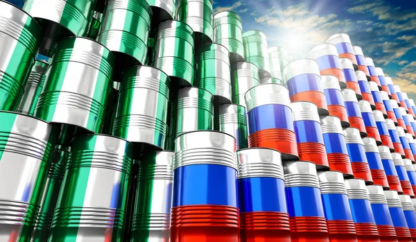 Нефтяные Бочки Флагами России Нигерии Иллюстрация — стоковое фото