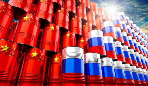 Barris Petróleo Com Bandeiras Rússia China Ilustração — Fotografia de Stock