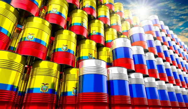 Нефтяные Бочки Флагами России Эквадора Иллюстрация — стоковое фото