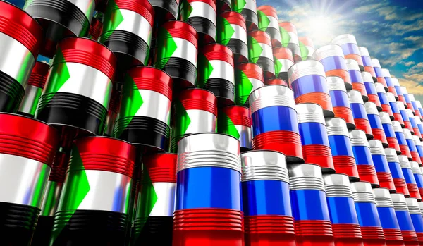 Нефтяные Бочки Флагами России Судана Иллюстрация — стоковое фото