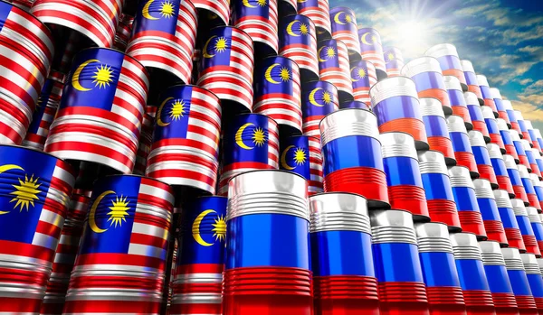 Oil Barrels Flags Russia Malaysia Illustration — Stock Photo, Image