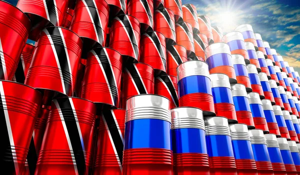 Нефтяные Бочки Флагами России Тринидада Тобаго Иллюстрация — стоковое фото
