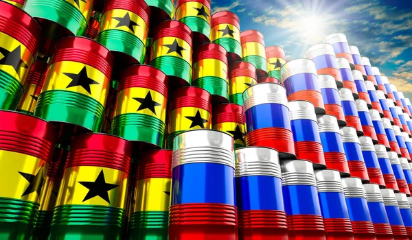 Нефтяные Бочки Флагами России Ганы Иллюстрация — стоковое фото