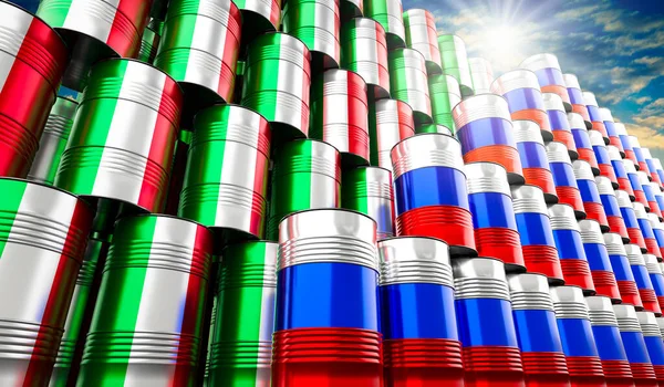 Нефтяные Бочки Флагами России Италии Иллюстрация — стоковое фото