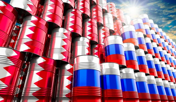 Нефтяные Бочки Флагами России Бахрейна Иллюстрация — стоковое фото