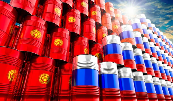 Barriles Petróleo Con Banderas Rusia Kirguistán Ilustración —  Fotos de Stock