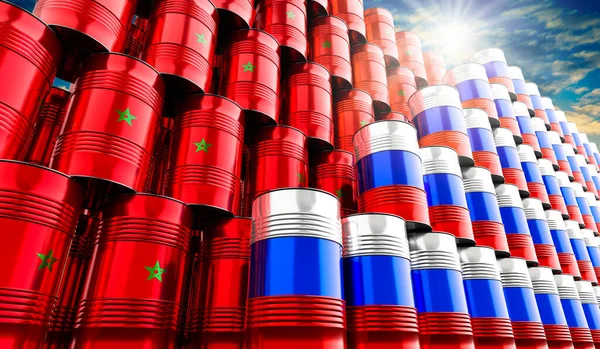 Нефтяные Бочки Флагами России Марокко Иллюстрация — стоковое фото
