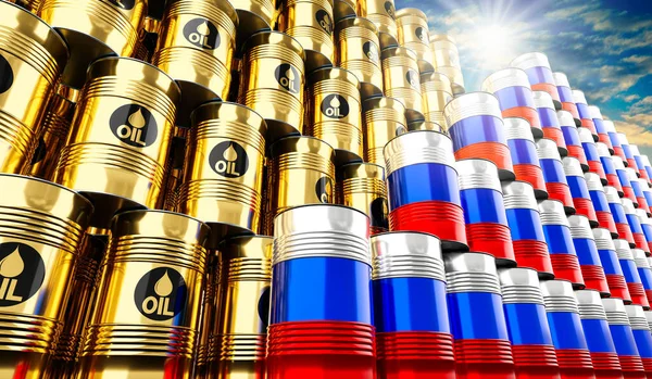 金色油桶和带有俄罗斯国旗的三维插图 — 图库照片