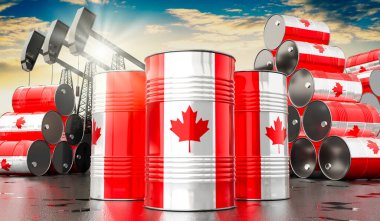 Kanada bayrağı ve petrol çıkarma kuyularıyla dolu petrol varilleri - 3 boyutlu illüstrasyon