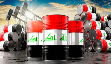 Irak bayrağı ve petrol çıkarma kuyularıyla dolu petrol varilleri - 3 boyutlu illüstrasyon