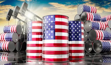 ABD bayraklı petrol varilleri ve petrol çıkarma kuyuları - 3 boyutlu illüstrasyon