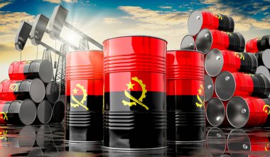 Angola bayrağı ve petrol çıkarma kuyularıyla dolu petrol varilleri - 3 boyutlu illüstrasyon