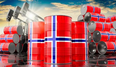 Norveç bayrağı ve petrol çıkarma kuyuları olan petrol varilleri - 3 boyutlu illüstrasyon