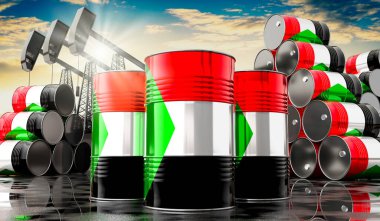 Sudan bayrağı ve petrol çıkarma kuyularıyla dolu petrol varilleri - 3 boyutlu illüstrasyon