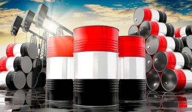 Yemen bayrağı ve petrol çıkarma kuyularıyla dolu petrol varilleri - 3 boyutlu illüstrasyon