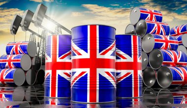 Birleşik Krallık bayraklı petrol varilleri ve petrol çıkarma kuyuları - 3 boyutlu illüstrasyon