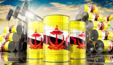 Brunei bayrağı ve petrol çıkarma kuyularıyla dolu petrol varilleri - 3 boyutlu illüstrasyon