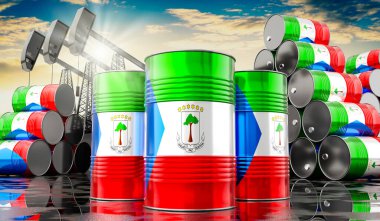 Ekvator Ginesi ve petrol çıkarma kuyuları bayraklı petrol varilleri - 3D illüstrasyon