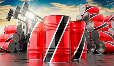 Trinidad ve Tobago bayrağı ve petrol çıkarma kuyularıyla dolu petrol varilleri - 3 boyutlu illüstrasyon