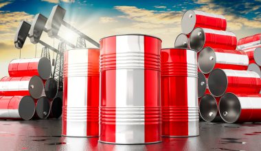 Peru bayrağı ve petrol çıkarma kuyularıyla dolu petrol varilleri - 3 boyutlu illüstrasyon