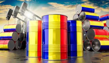 Romanya bayrağı ve petrol çıkarma kuyularıyla dolu petrol varilleri - 3 boyutlu illüstrasyon