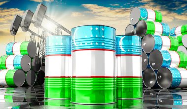 Özbekistan bayrağı ve petrol çıkarma kuyularıyla dolu petrol varilleri - 3 boyutlu illüstrasyon