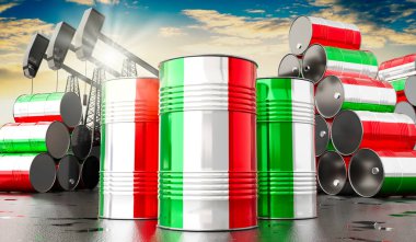 İtalya bayrağı ve petrol çıkarma kuyularıyla dolu petrol varilleri - 3 boyutlu illüstrasyon