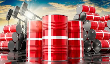 Danimarka bayrağı ve petrol çıkarma kuyularıyla dolu petrol varilleri - 3 boyutlu illüstrasyon