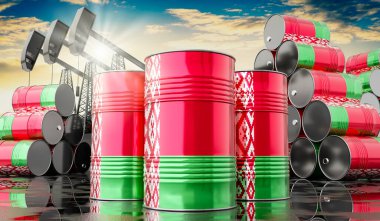 Beyaz Rusya bayrağı ve petrol çıkarma kuyularıyla dolu petrol varilleri - 3 boyutlu illüstrasyon