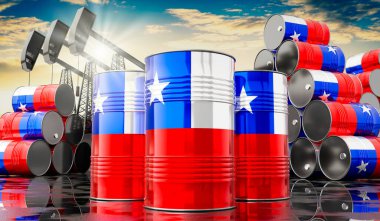 Şili bayrağı ve petrol çıkarma kuyularıyla dolu petrol varilleri - 3 boyutlu illüstrasyon