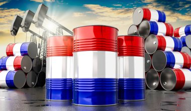 Hollanda bayrağı ve petrol çıkarma kuyuları olan petrol varilleri - 3 boyutlu illüstrasyon