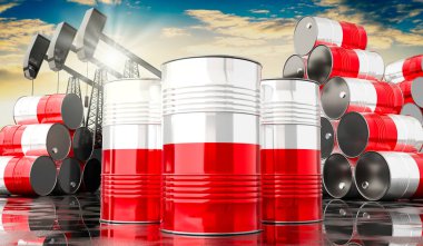 Polonya bayrağı ve petrol çıkarma kuyularıyla dolu petrol varilleri - 3 boyutlu illüstrasyon