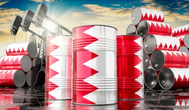 Bahreyn bayrağı ve petrol çıkarma kuyularıyla dolu petrol varilleri - 3 boyutlu illüstrasyon