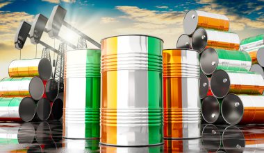 Fildişi bayrağı ve petrol çıkarma kuyularıyla dolu petrol varilleri - 3 boyutlu illüstrasyon