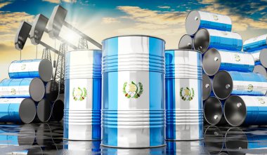 Guatemala bayrağı ve petrol çıkarma kuyularıyla dolu petrol varilleri - 3 boyutlu illüstrasyon