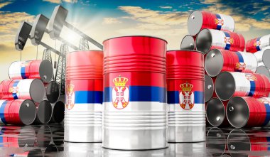 Sırbistan bayrağı ve petrol çıkarma kuyularıyla dolu petrol varilleri - 3 boyutlu illüstrasyon