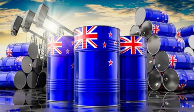 Yeni Zelanda petrol çıkarma kuyularının bayraklı petrol varilleri - 3D illüstrasyon