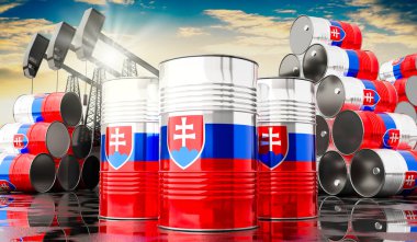 Slovakya bayrağı ve petrol çıkarma kuyularıyla dolu petrol varilleri - 3 boyutlu illüstrasyon