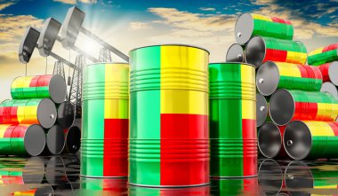 Benin bayrağı ve petrol çıkarma kuyularıyla dolu petrol varilleri - 3 boyutlu illüstrasyon