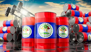 Belize bayrağı ve petrol çıkarma kuyularıyla dolu petrol varilleri - 3 boyutlu illüstrasyon