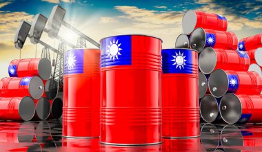 Tayvan bayrağı ve petrol çıkarma kuyularıyla dolu petrol varilleri - 3 boyutlu illüstrasyon