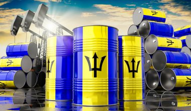 Barbados bayrağı ve petrol çıkarma kuyularıyla dolu petrol varilleri - 3 boyutlu illüstrasyon
