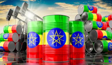 Etiyopya bayrağı ve petrol çıkarma kuyularıyla dolu petrol varilleri - 3 boyutlu illüstrasyon