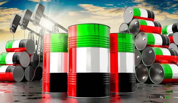 Oil Barrels Flag United Arab Emirates Oil Extraction Wells Illustration — стоковое фото