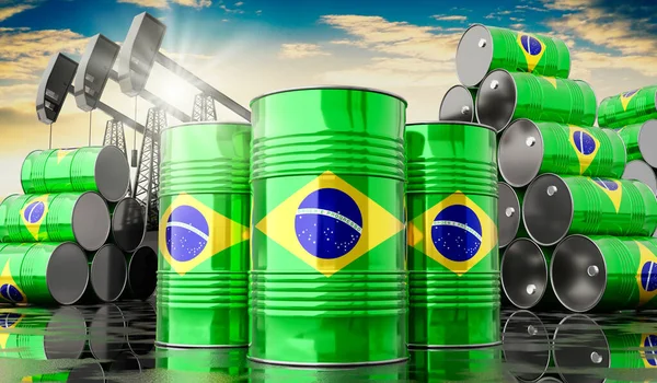 Oil Barrels Flag Brazil Oil Extraction Wells Illustration — Fotografia de Stock