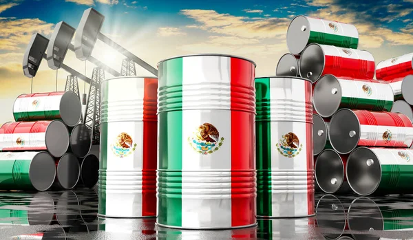 Oil Barrels Flag Mexico Oil Extraction Wells Illustration — Stock Photo, Image