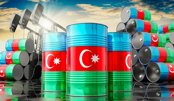 Oil Barrels Flag Azerbaijan Oil Extraction Wells Illustration — Stock Photo, Image